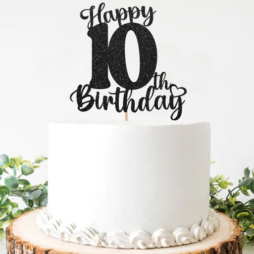 10th Birthday Black Glittering Cake Pick Topper